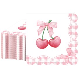 NatNarr 100 Pcs Pink Bow Napkins, Scalloped Cherries Bow Party Napkin with Pink Gingham Design, Disposable Dessert & Beverage Napkins for Bachelorette, Bridal Shower & Tea Party