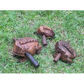 Guiros Percussion Instruments Wooden Frog wooden frog musical instrument 3 Pieces Set of 4 Inch Frog, 3 Inch Frog, and 2.25-2.75 Inch Frog Home Decor (Dark Brown)