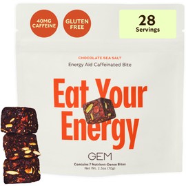 GEM Energy Aid Caffeinated Bite, 40mg Caffeine, Ginseng Root, L-Theanine, Holistic Sustained Energy, Supports Metabolism & Endurance | Chocolate Cacao Sea Salt | 28 Servings