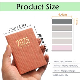 MANJIAMEI Mini 2025 Pocket Agenda, PU Texture Cover 120 Pages Daily Planner A7 Week to View Appointment Diary Planner and Organiser Palm-sized Calendar Notebook with Morandi Sticky Tabs (Pink)