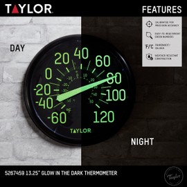 Taylor Glow in the Dark Wall Indoor Outdoor Thermometer, Wireless Thermometer with Easy to Read Numbers for Patio, Pool, and Indoor Areas, 13.25-inch, Black