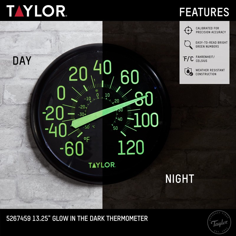 Taylor Glow in the Dark Wall Indoor Outdoor Thermometer, Wireless