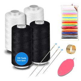 Thread for Sewing, 402 All Purpose Thread Polyester (2 White 2 Black), 700 Yards Each Spool with Sewing Needle & Threader and a Wire Cards with 21 Colors for Sewing Machine, Hand Stitching.