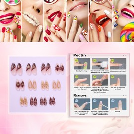 Rchovsam Medium Almond Press on Nails Gold Lines Fake Nails Brown Spots Design False Nails Acrylic Glue on Nails for Womens 24pcs