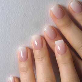 Ombre Pink Press On Nails Short Square,KXAMELIE Gel Nails Press ons with UV Coating,Short Coffin Solid Color Fake Nails,Natural Fit Petite Glue on Nails for Women Girls Daily Wear