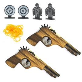 2 Pack Rubber Band Slingshot Shooter Revolver Pistol Prop with 6 Rounds in Semi Automatic Rapid Fire Succession - Quality Wood & Handmade - Easy Load