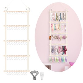 Munzong Headband Holder 52x17 inch, Hair Bow Organizer for Baby Girls, Wall Hanging Wood Headband Organizers w/ 60 Hooks, Hair Accessories Storage Hanger for Toddler Kids Nursery Room Decor