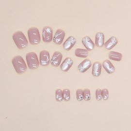 Press on Nails Short Butterfly Square Fake Nails Nude Acrylic Nails Full Cover False Nails with Rhinestones Designs Summer Stick on Nails Cute Glue on Nails Glossy Artificial Nails for Women Manicure