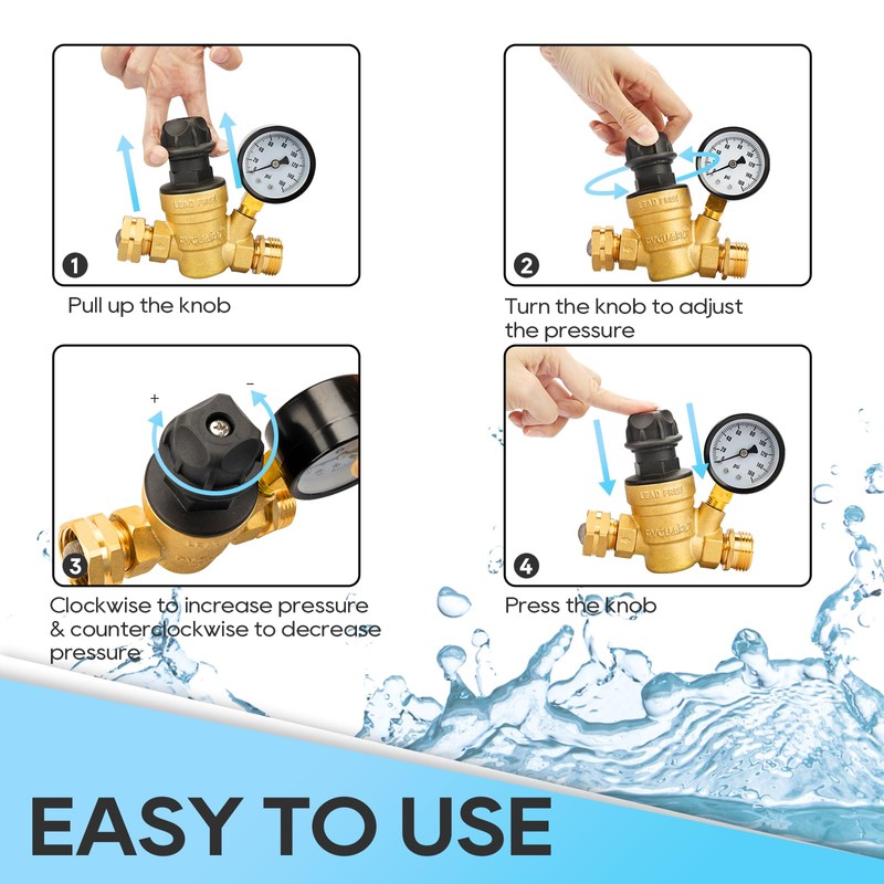 RVGUARD RV Water Pressure Regulator Valve With An Adjustable Knob,