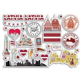 A5 Sticker Sheet Latvia Landmarks Vinyl Stickers - Latvian Country Map Airport Stamps Skyline Flag Travel Holiday City Aesthetic #80274