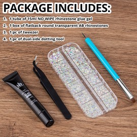 1 PC 15ml Nail Art Rhinestone Glue Gel(UV/LED)+1 Box of 2-5mm Flat Back Round Transparent AB Gemstones+1 PC Tweezer+1 PC Dual-Sided Dotting Pen for Professional and Home DIY Nail Art Decoration