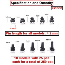 HAXIHA 250 Pieces 10 Values Micro Momentary Tactile Push Button Switch Miniature Micro Button, Tactile Push Button Switch, 6 x 6 mm Button Micro Tactile Switch Kit Mini (4 Pin)