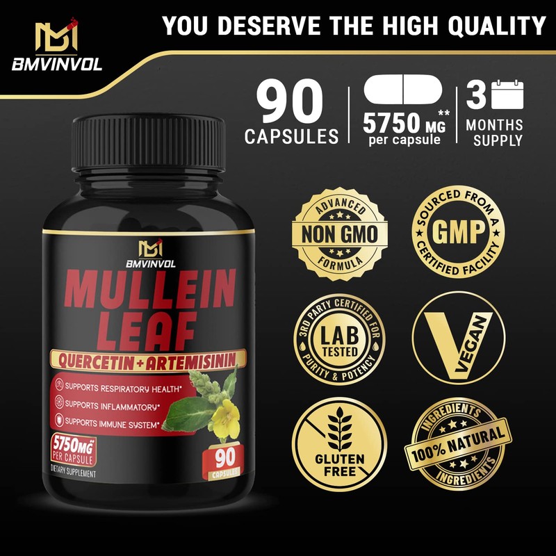 Mullein Leaf Capsules 𝟓𝟕𝟓𝟎𝐦𝐠 Strength w. Quercetin, Artemisinin, Quinine -