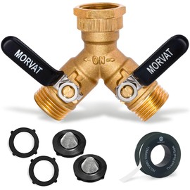 Morvat Brass 2-Way Y Splitter LEAD-FREE, Heavy-Duty Garden Hose Connector with Extra Long Butterfly Comfort Grip ON/OFF Valves, Adapter for Water Faucet & Spigot, Extra 5 Washers, Teflon Tape (1-Pack)