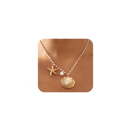 Dainty Gold Pearls Beaded Starfish Necklace for Women Fashion Silver Freshwater Pearl Choker Conch Statement Necklaces Seashell Beach Holiday Jewelry (Gold)