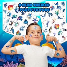 MeoIsDaBest-96 piezas de tatuajes temporales con temática del océano, decoraciones para fiestas de cumpleaños, suministros de decoración bajo el mar, pegatinas de tatuajes troqueladas azules, regalos