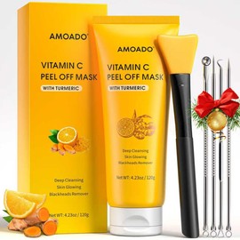 AMOADO Blackhead Remover Mask, Peel Off Face Mask with Vitamin C & Turmeric for Men and Women–Deep Cleansing Nose Facial Mask for Blackheads, Pores & Oil Control with Pimple Extractor and Brush