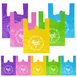 TOSPARTY Thank You T-Shirt Bags Plastic Grocery Bag Plastic Bulk Shopping Bags Restaurant Bag T-Shirt Plastic Bags in Bulk, Pink, Green, Yellow, Purple, Cyan, 8.66' width x 11.81' height, Small