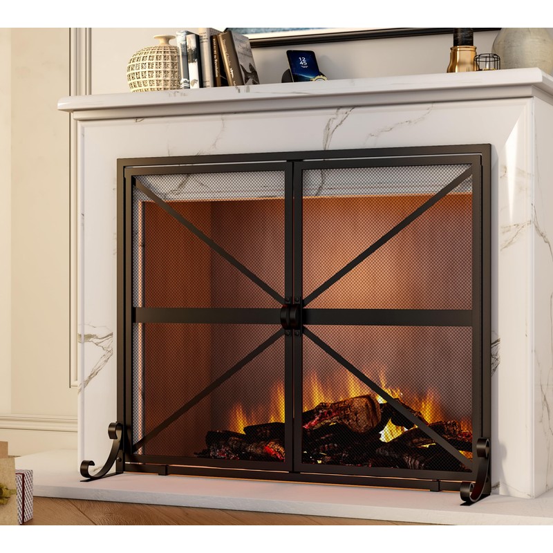 Fire Beauty Fireplace Screen with Doors, 2-Pannel Handcrafted Solid Wrought
