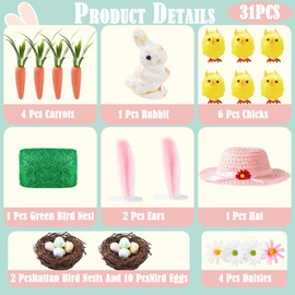 Easter Bonnet Kit, Easter Gifts for Kids, 31 Pcs Easter Gifts Includes Hat Carrots Rabbit Bird Nest Rabbit Ears Chicks Daisies Easter Egg, for Easter Decorations Crafts, DIY Activities for Boys Girls