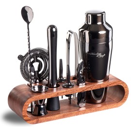 Mixology Bartender Kit: 10-Piece Bar Tool Set with Stylish Mahogany Stand | Perfect Home Bartending Kit and Martini Cocktail Shaker Set For an Awesome Drink Mixing Experience | Cool Gifts (Gun-Metal)