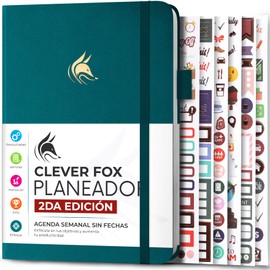 Clever Fox Planner 2 Edición en Español - Colorida Agenda de Objetivos Semanales y Mensuales, Organizadora de Tiempo, Sin Fecha A5 (Verde Azulado Oscuro)