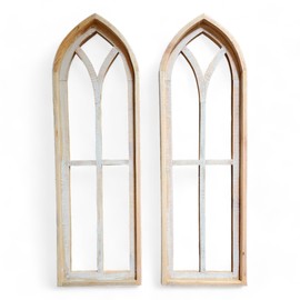 37" Farmhouse Wooden Wall Windows Ivory Point Arches Set of 2 - Rustic Cathedral Wood Windows- Ivory Point (Large 37" H X 12" W X 2" D Each Window)