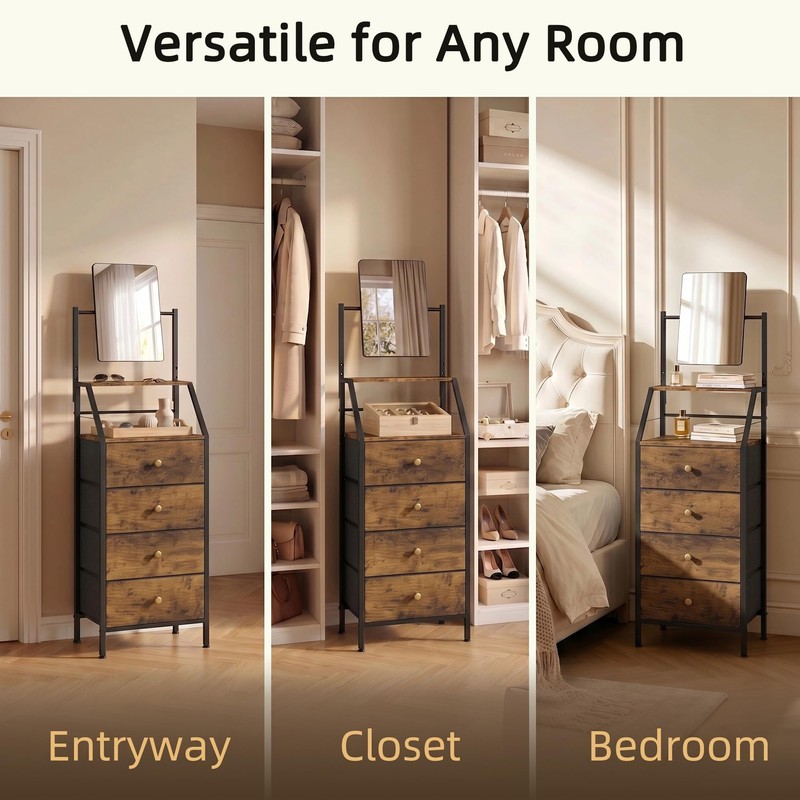 HIGDBFE Vanity Dresser with Mirror & 4 Drawers, Rustic Brown,