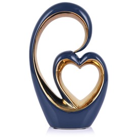 oliruim Ceramic Heart Decor Love Statue, Navy Blue Gold Double Hearts Sculptures for Home Table Centerpiece Decor, Valentine, Wedding, Decorative Items for Shelves, Coffee Table Decor (S Heart -Tall)