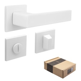 APECS Door Handles Interior Doors Modern Door Handle for Front Door and Interior Door with Square Rosettes Door Handle White Matt Handle Set with Mounting Material Door Fitting Model REGULUS WC -