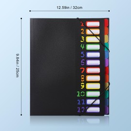 Gemtte Expanding File A4, Folder System with 12 Compartments, 24 Pockets, Document Folder, Colourful Waterproof Organiser for School, Office Supplies (Black)