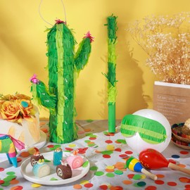Cactus Pinata with Blindfold Bat Confetti Small Piñata Fiesta Cactus Pinata for Kids Birthday Party, Mexican Carnivals Festivals, Cinco De Mayo, Fiesta Party, Taco Party Supplies 16 x 9.5 x 3 inch