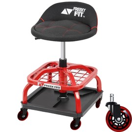 FreekyFit Rolling Stool with Red Wheels, Heavy Duty Garage Work Mechanic Rolling Shop Stool with Backrest, Adjustable Height 360°Swivel Roller Mechanic Chair with 2 Tool Trays, 330 LBS Capacity
