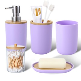 iMucci Bathroom Accessories Set 5Piece Light Purple Bathroom Sets, Toothbrush Holder, Toothbrush Cup, Soap Dispenser, Soap Dish and Qtip Holder Bathroom Decor