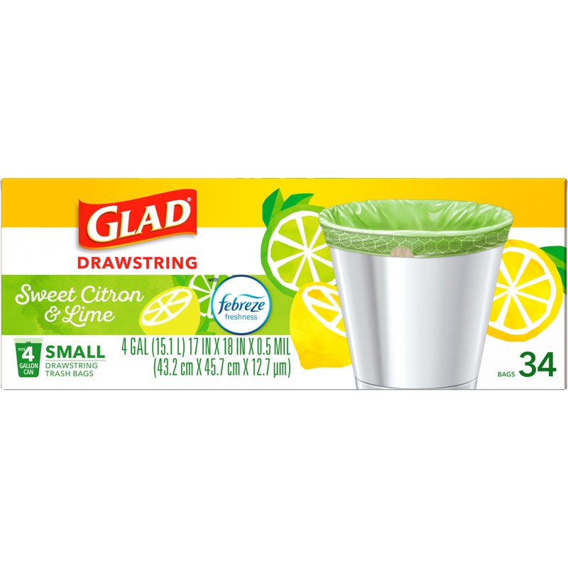 Glad Small Kitchen Drawstring Trash Bags, 4 Gallon, Febreze Sweet