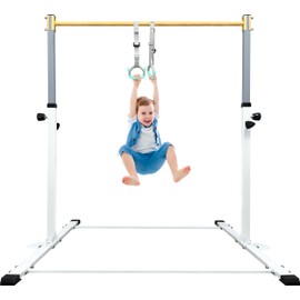 JOYSFIT Adjustable Gymnastics Bar for Kids with Mat - Sturdy Kip Bar with Rings, Horizontal Bar for Home Training, 3'-5' Height, Ages 3-15, 250 LBS Capacity, Easy Assembly.