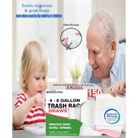 BEIDOU-PAC Trash Bags 4-6 Gallon Drawstring, 150 Count, Multifold Roll Garbage Bags, Medium Kitchen Trash Bags, Odorless & Heavy Duty White Plastic Food Scrap Bags for Bathroom Bedroom Office Waste