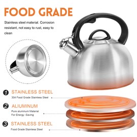 Foedo Whistling Stovetop Tea Kettle, 3.2Qt Food-Grade 304 Stainless Steel Teapot, Ergonomic Cool Handle,One-button Switch,Hot Water Quick Boil,All Metal Whistles Rust Resistant and Durable (Silver)