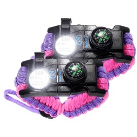 Survival Paracord Bracelet - Tactical Emergency Gear Kit with SOS LED Light, 550 Grade, Adjustable, Multitools, Fire Starter, Compass, and Whistle - Set of 2 (Purple Pink)