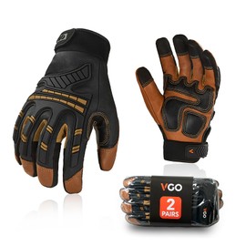 Vgo... Heavy Duty Work Gloves Men,Goat Leather,Water Repellent,Rigger Gloves,Anti-Vibration,Touchscreen (2 Pairs,S,Brown,GA8954)
