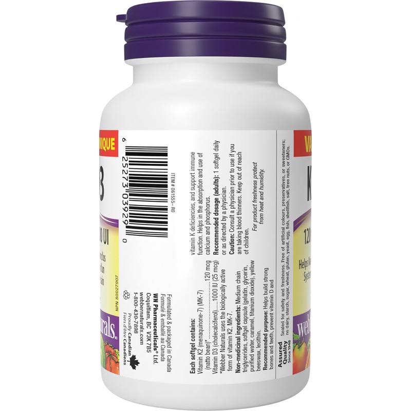 Webber Naturals Vitamin K2 with D3, 110 Softgels, MK-7 Formula,