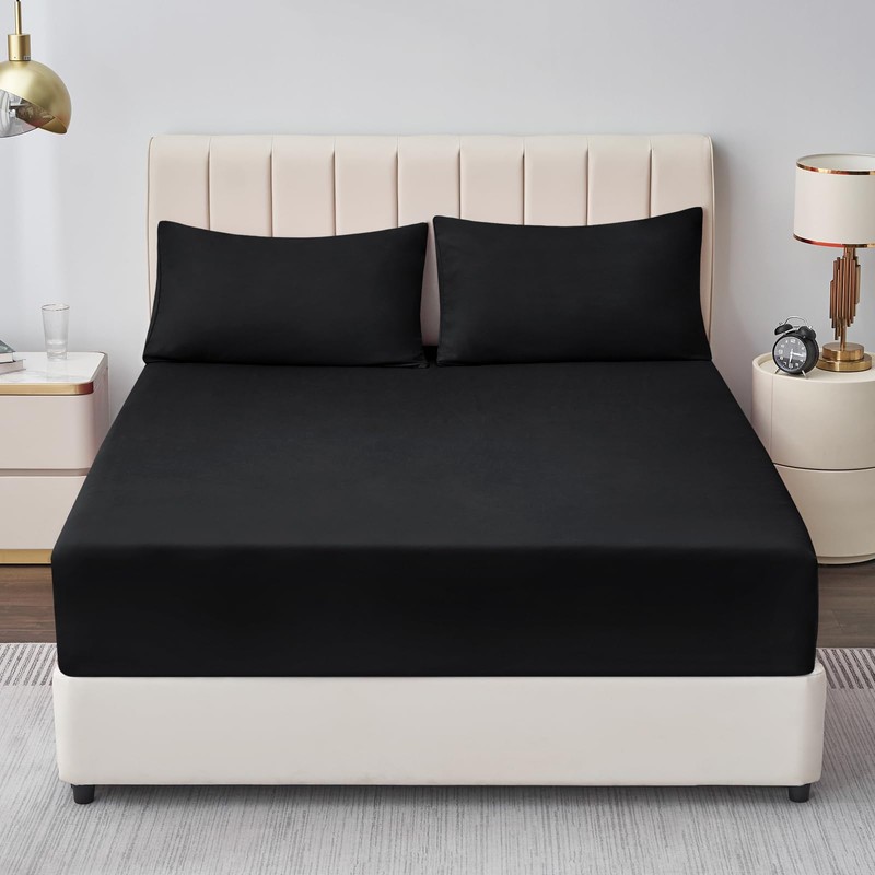 Aisbo Double Fitted Sheet Black - Extra Deep Pocket Bed