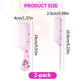 2pcs Pink Cute Hair Combs Set for Girls, Fine Tooth Comb & Rat Tail Styling Comb, Mini Baby Plastic Hairbrush Tools Accessories for Toddlers Kids Women All Hair Types (Unicorn)