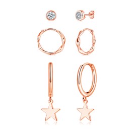 Kamise 925 Silver Earrings, 925 Sterling Silver Earrings Set for Women, Rose Gold 3 Pairs Stud & Twist Hoop & Star Dangle Hypoallergenic Silver Sleeper Earring for Multiple Piercings