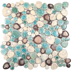 Hominter Pebble Porcelain Tile Turquoise Green Cream and Coffee Mosaic Waterproof Ceramic Tiles Flooring for Kitchen Bath Backsplash Pool Tile Shower Floor & Wall (5 Square Feet)