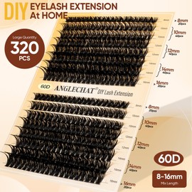 Lash Clusters Wispy 60D Cluster Eyelash Extensions 320pcs Individual Natural Lashes 8-16mm Lash Extension D Curl DIY Thick False Eyelashes Fox Eye Soft Comfortable with Thin Band