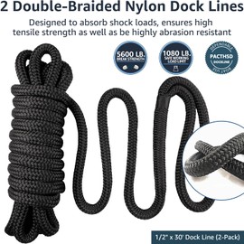 Dock Lines 2 Pack 1/2" x 30' Double Braided Nylon Boat Dock Lines with 12" Eyelet, Marine-Grade Boat Rope, Easy to Use Dock Lines for Boats, Strong Boat Ropes for Docking, Black Marine Rope, PACTHSD