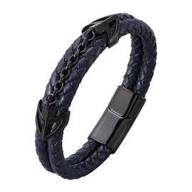 OSKINIA Mens Bracelet Double Row Anchor Black Leather Braided Bracelet Stainless Steel Punk Wristband Cuff Bracelet for Men/Father/Brother,7.67″(19CM)