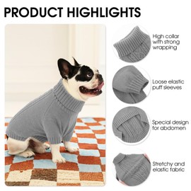 SAWMONG Dog Sweater for Small Dogs, Turtleneck Knitted Pullover Sweater Sweatshirt, Classic Winter Warm Pet Sweater for Boy Girl Pet Chihuahua, French Bulldog, Golden Retriever, Pug, Cat (Grey, S)
