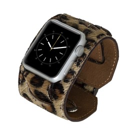 Venito Ancona Cuff Leather Watch Band Compatible with iwatch Series 1, 2, 3, 4, 5, 6, 7, SE (45/44/42/41/40/38mm) w/Rose Gold Connector (Furry Leopard Pattern w/Black Connector&Clasp, 38mm-40mm-41mm)